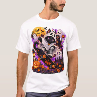 Ghost Cat Skateboard Halloween T-shirt