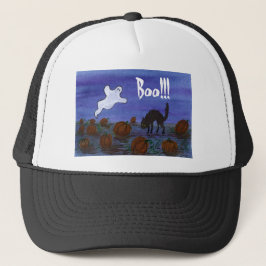 Ghost en Black Cat in Pumpkin Patch Halloween Trucker Pet
