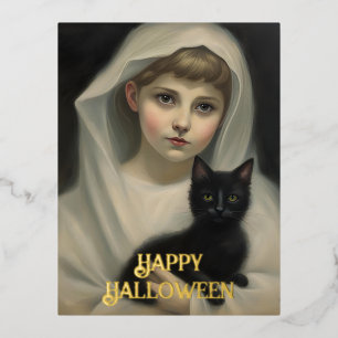 Ghost en een Black Cat Halloween Folie Feestdagen Briefkaart