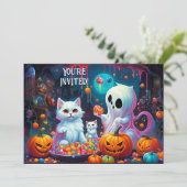 Ghost en Kittens Halloween Feestuitnodiging Aankondiging (Staand voorkant)