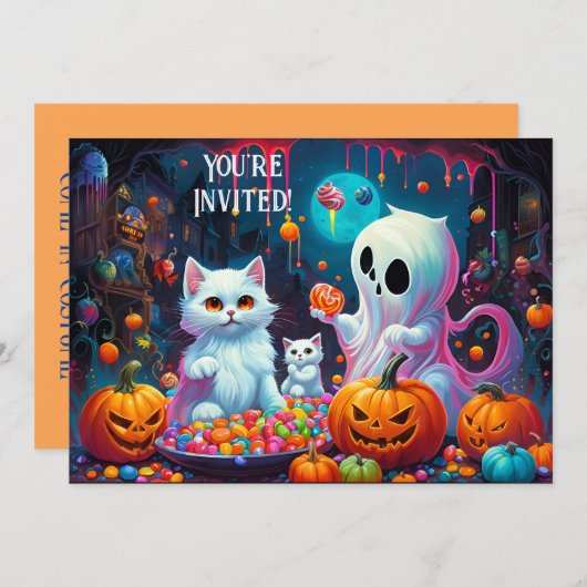 Ghost en Kittens Halloween Feestuitnodiging Aankondiging (Voorkant / Achterkant)
