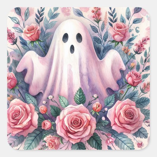 Ghost en Pink Roses Pinkoween Vierkante Sticker (Voorkant)