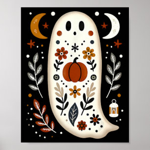 Ghost Folk Art Floral Herfst Herfst Pompoen Spooky Poster