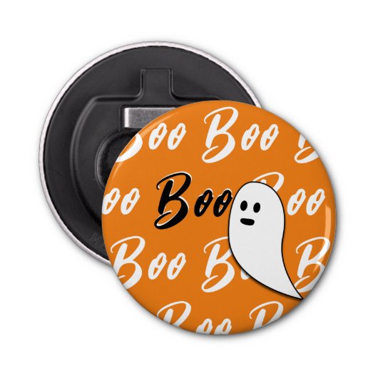 Ghost Halloween Black White oranje boo Button Flesopener (Voorkant)