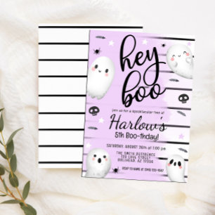 Ghost Hey Boo Pastel Paarse Halloween Verjaardag Kaart