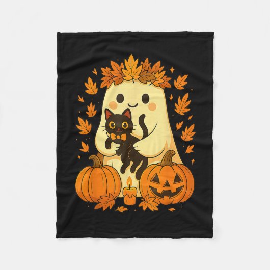 Ghost Holding Black Cat Halloween Pumpkins Autumn Fleece Deken (Voorkant)