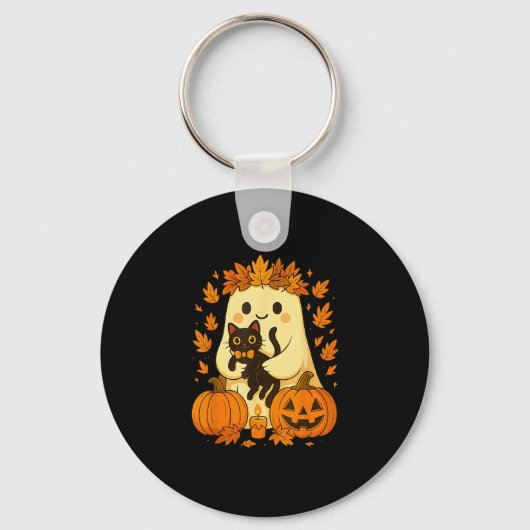 Ghost Holding Black Cat Halloween Pumpkins Autumn Sleutelhanger (Voorkant)
