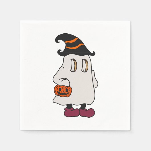 Ghost holding pumpkin and wearing witch hat servet (Voorkant)