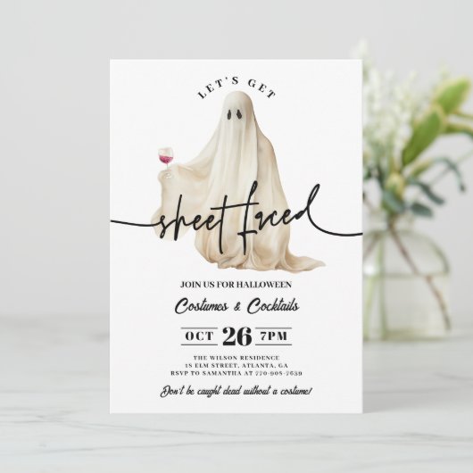 Ghost Let's Get Sheet Faced Grappige Halloween Kaart (Staand voorkant)