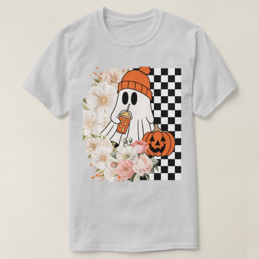 Ghost met Beanie - Schattigee Spooky Halloween Gra T-shirt (Design voorkant)