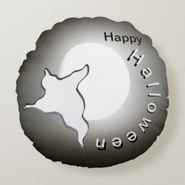 Ghost & Moon Cust. Happy Halloween Ronde Kussen (Voorkant)