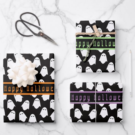 Ghost Pattern Happy Halloween Aangepaste tekst Inpakpapier Vel (Voorkant)