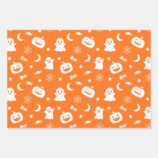 Ghost Pumpkin Spider Moon Oranje Halloween Patroon Inpakpapier Vel (Voorkant 3)