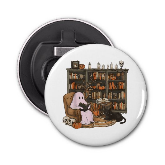 Ghost Reading Boek Kattenliefhebber Halloween Button Flesopener (Voorkant)