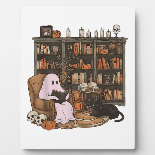 Ghost Reading Boek Kattenliefhebber Halloween Fotoplaat (Voorkant)
