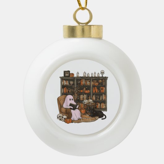 Ghost Reading Boek Kattenliefhebber Halloween Keramische Bal Ornament (Voorkant)