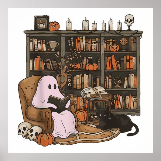 Ghost Reading Boek Kattenliefhebber Halloween Poster (Voorkant)