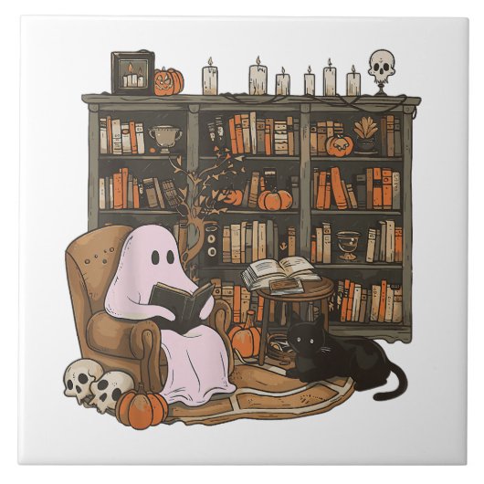 Ghost Reading Boek Kattenliefhebber Halloween Tegeltje (Voorkant)