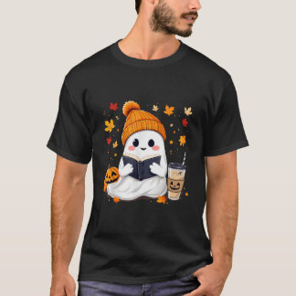 Ghost Reading Boek met Herfstbladeren Halloween Gh T-shirt