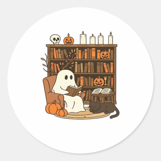 Ghost Reading in Cozy Halloween Library Classic T- Ronde Sticker (Voorkant)