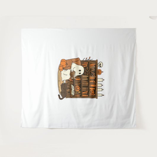 Ghost Reading in Cozy Halloween Library Classic T- Wandkleed (Voorkant (horizontaal))
