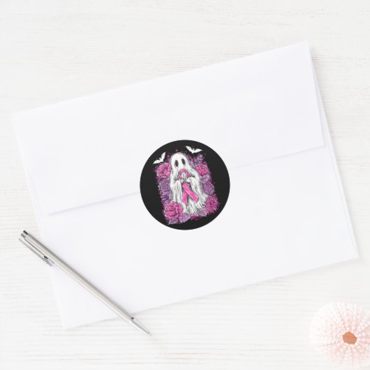 Ghost Ribbon Borstkanker Bewustzijn Halloween Flo Ronde Sticker (Envelop)