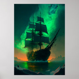 Ghost Ship Painting met Green Sky Sunset Glow Poster
