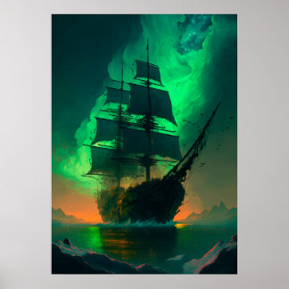 Ghost Ship Painting met Green Sky Sunset Glow Poster