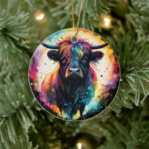 Ghostly Grace: Spectral Holographic Highland Koe, Keramisch Ornament