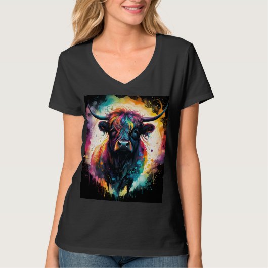 Ghostly Grace: Spectral Holographic Highland Koe, T-shirt (Voorkant)