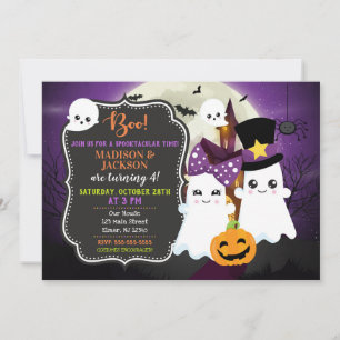 Ghosts Halloween Birthday Invitation for Twins Kaart