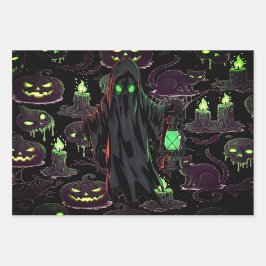 Ghosts Overal Spooky Leuke Halloween Scene Inpakpapier Vel (Voorkant 3)