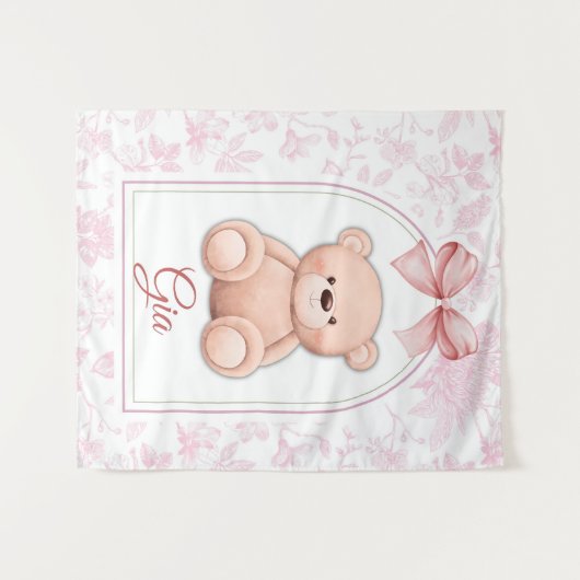 Gia | Aangepaste Roze Teddybeer Nursery Design Wandkleed (Voorkant (horizontaal))
