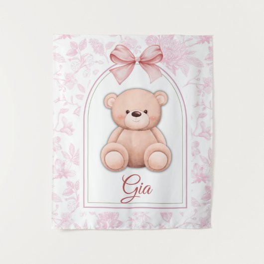 Gia | Aangepaste Roze Teddybeer Nursery Design Wandkleed (Voorkant)