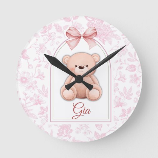 Gia | Aangepaste Roze Teddybeer Nursery Ontwerp Ronde Klok (Voorkant)