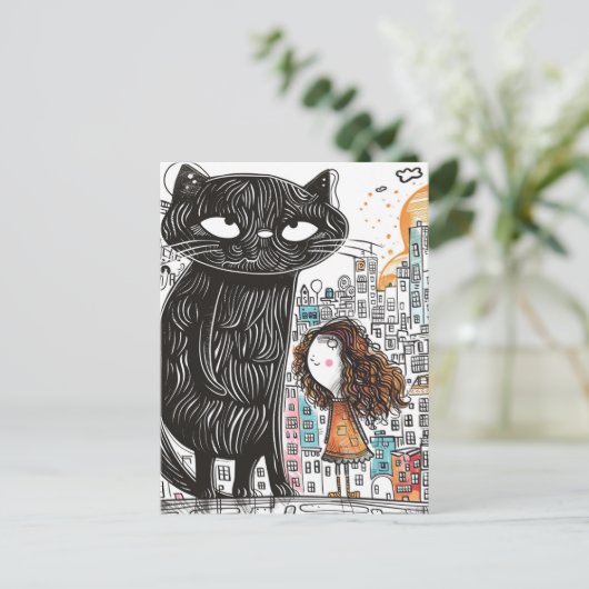 Giant Black Cat en het meisje in de stad Briefkaart (Staand voorkant)