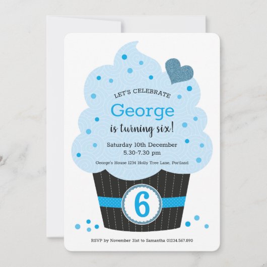 Giant Cupcake Anniversaire Fête Invitation Bleu (Devant)