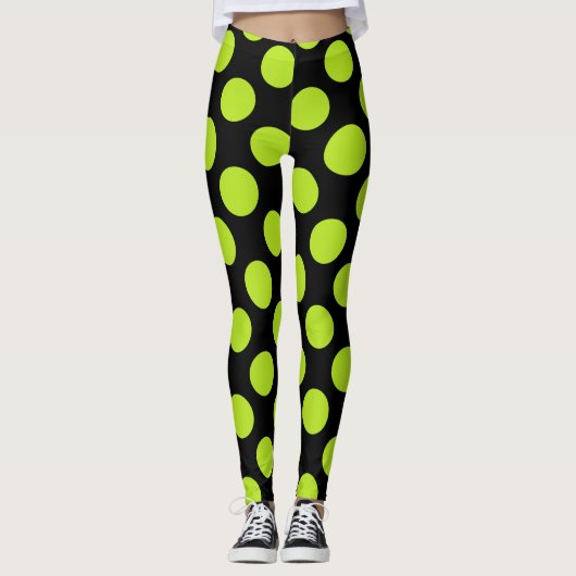 Giant Lime Green Polkadots on Black Leggings (Devant)