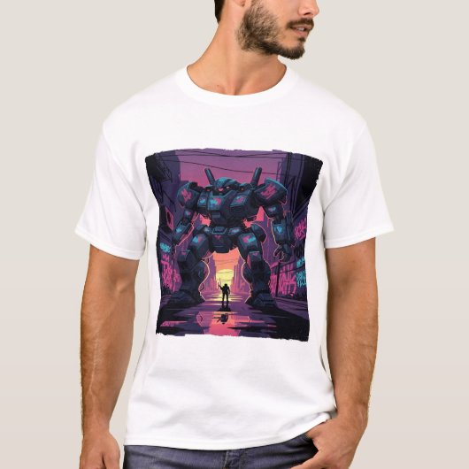 Giant Mech Robot vs Human | Cyberpunk City Sunset T-shirt (Voorkant)