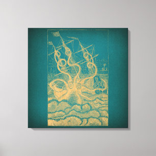 Giant Octopus Attacking Ship Blauwgroen Antiek Kra Canvas Afdruk