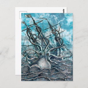 Giant Octopus Blue Zee Monster Sailboat Briefkaart