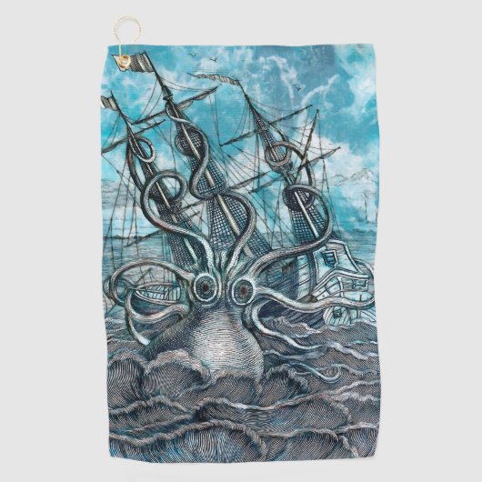 Giant Octopus Blue Zee Monster Sailboat Golfhanddoek (Voorkant)