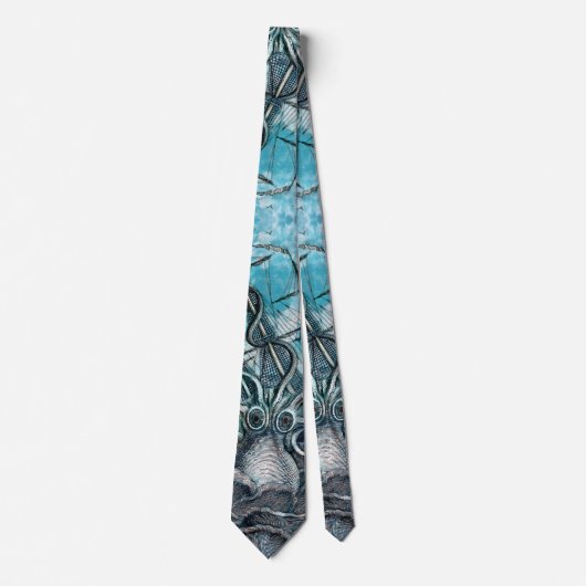 Giant Octopus Blue Zee Monster Sailboat Stropdas (Voorkant)