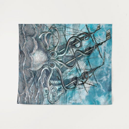 Giant Octopus Blue Zee Monster Sailboat Wandkleed (Voorkant (horizontaal))