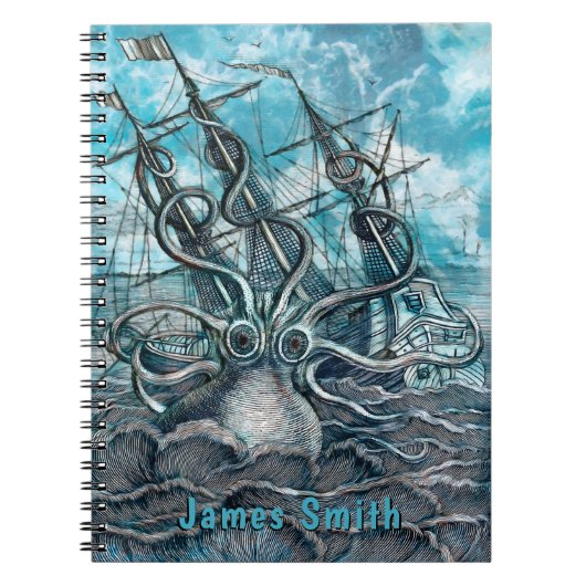 Giant Octopus Blue Zee Monster Sailboot Monogram Notitieboek (Voorkant)