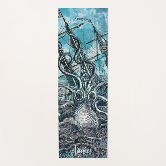 Giant Octopus Blue Zee Monster Sailboot Monogram Yogamat (Voorkant)