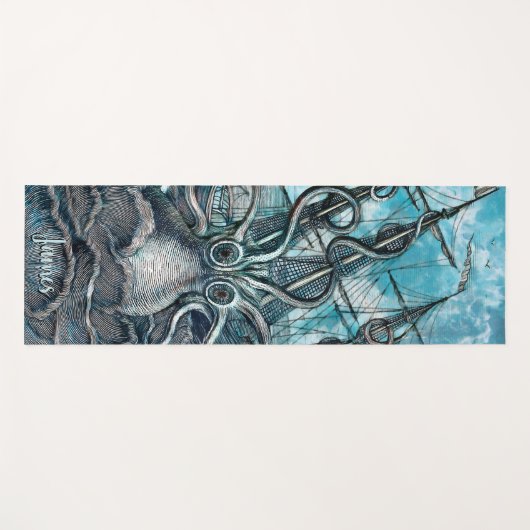 Giant Octopus Blue Zee Monster Sailboot Monogram Yogamat (Voorkant (horizontaal))