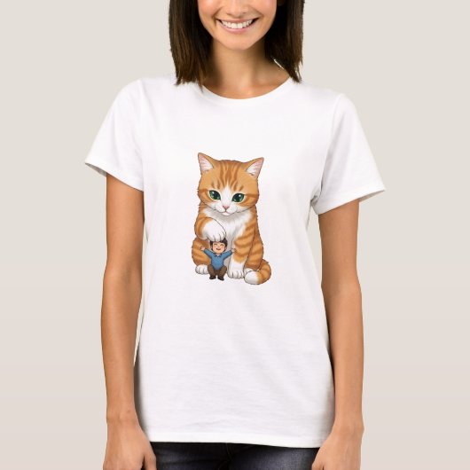 Giant Orange Tabby Cat Gently Patting Tiny Happy T-shirt (Voorkant)