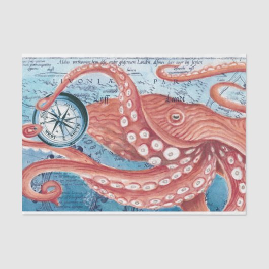 Giant Red Pacific Octopus Compass  Kaart Kunst Tissuepapier (Voorkant)