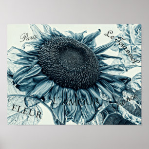 Giant Sunflower Art Blauwgroen Blue Ephemera Poster